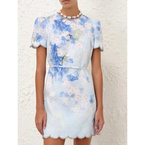 NWT Zimmermann Blue Floral Crush Short Sleeve Scalloped Shift Dress Womens US 4 - Picture 1 of 9